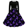 thumbnail image 2 of BaoFuBaoMei Vintage Halloween Dresses for Women Plus Size Crew Neck Long Sleeve Halloween Witch Hat Star Print Midi Dress Back Zipper Closure Waist Bow Tie a Line Dresses for Party, 2 of 6
