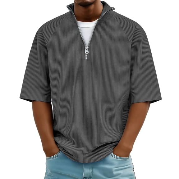 Mifsaly Mens Quarter Zip Shirts Ribbed Knit Short Sleeve Collar tops Casual Athletic Fit Lightweight Breathable Work Office Pullover Tees Gray,L