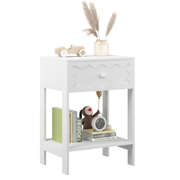 S-HOME Modern White Nightstand With Drawer And Open Shelf, Compact Solid Wood Bedside Table For Bedroom Or Living Room