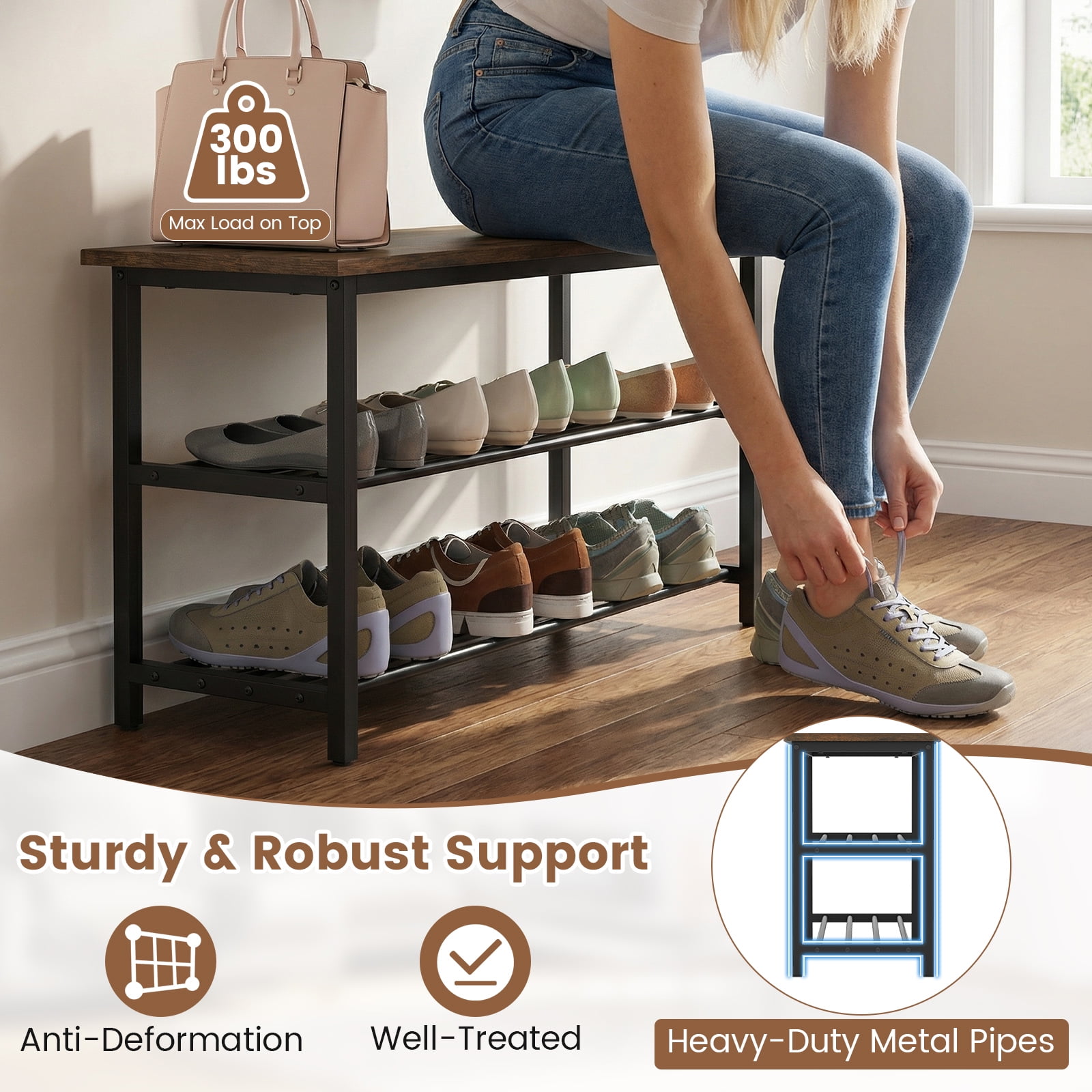 Gymax 3-Tier Shoe Rack Bench w/ Heavy Duty Metal Frame & 300 lbs Seat for Hallway