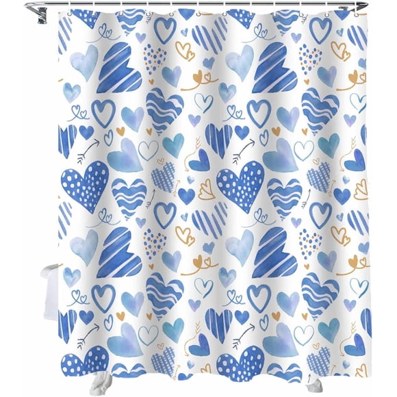 Valentine''s Day Shower Curtain Blue Love Bathroom Curtains with Hooks, Waterproof Polyester Fabric Romantic Heart Shower Curtains Set for Bathroom Bathtubs Holiday Valentines Decor 72x84 Inch