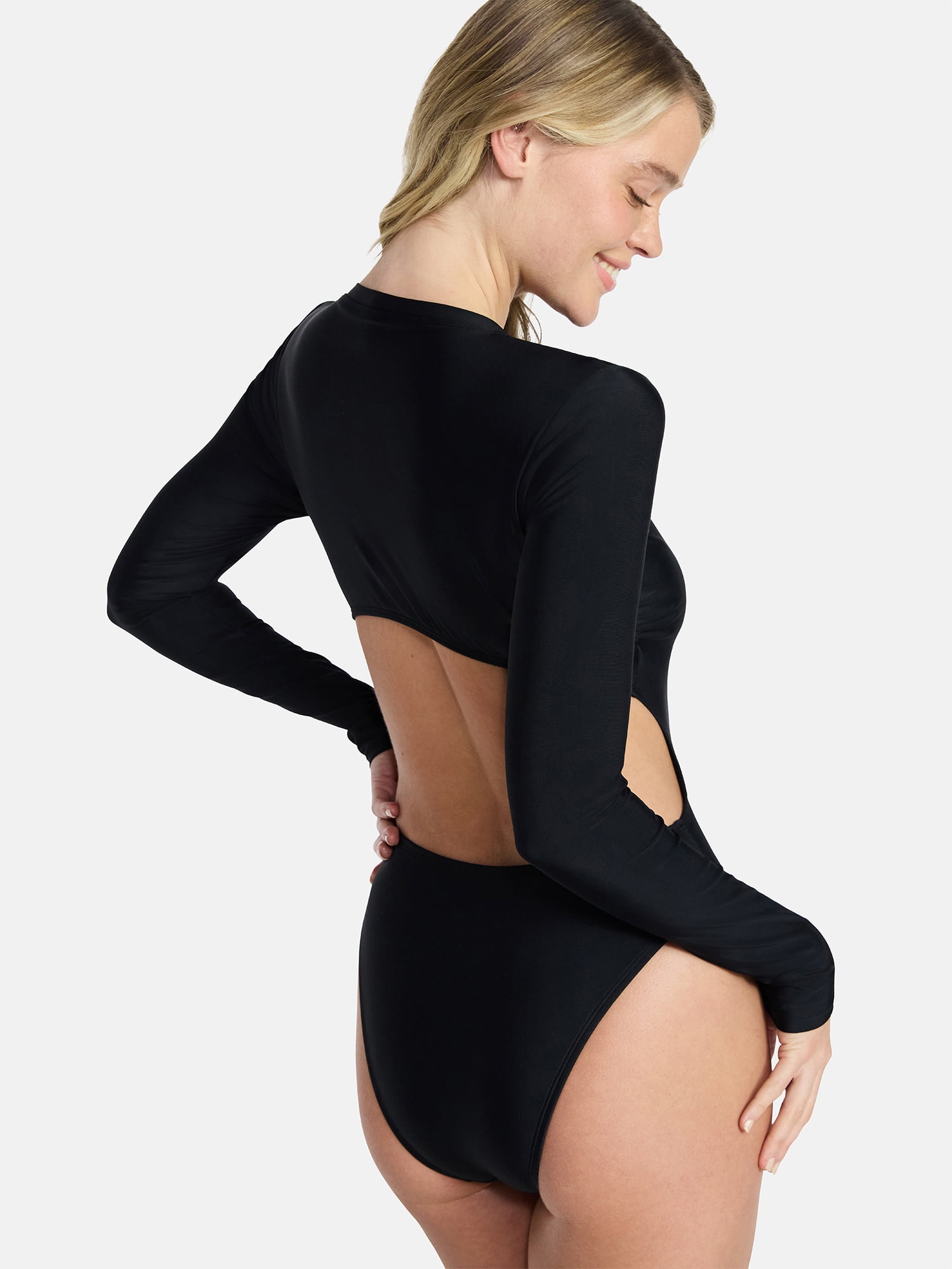 No Boundaries Kona Crush Cutout One-Piece Swimsuit with Long Sleeves, Women's XXS-XXL