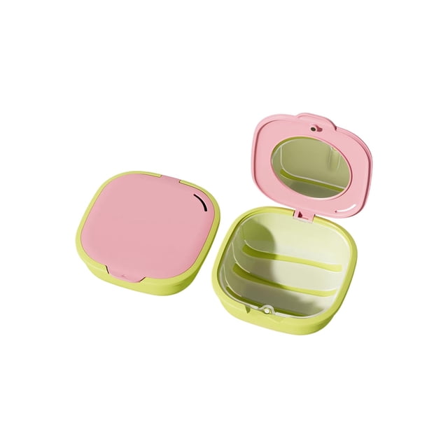 Eoozwa 3.4 Inch Multi Functional Braces Storage Box with Mirror Portable Dust Proof Dental Retainer Case for Travel, Built in Mirror and Cleaning Compartment, Compact Plastic Container