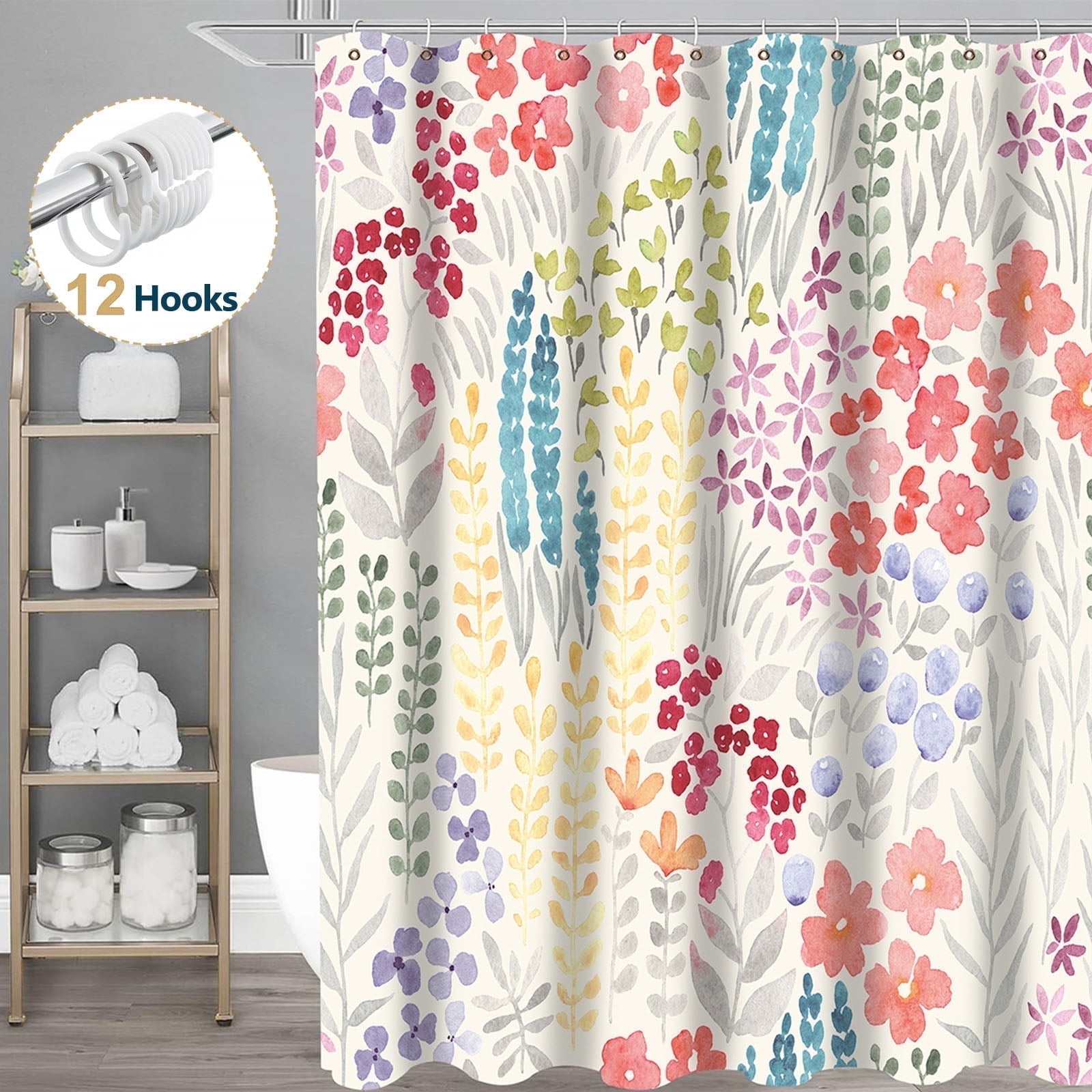 Rideau de douche 180 x 180 cm avec motif floral aquarelle et colibri pour salle de bain – Rideau