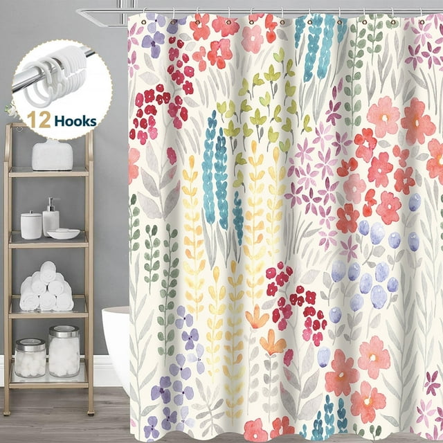 Dznils Rideau de Douche en Tissu Boho Coloré à Motif Floral, Motif Aquarelle avec Crochets, 72 Pouces x 72 Pouces, Beige