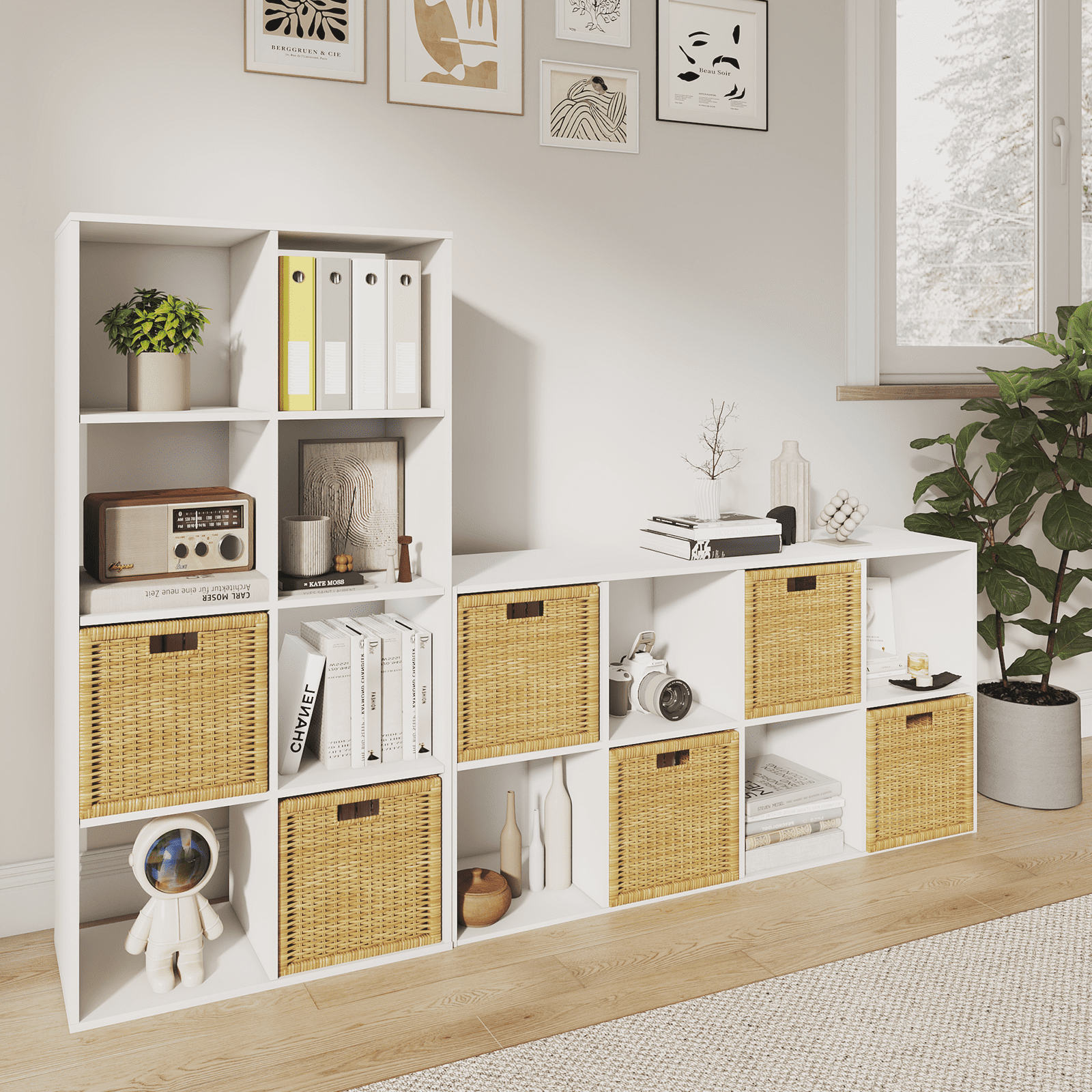 Prilinex 8-Cube Bookcase, Floor Standing Horizontal Bookshelf with Open Shelves & Anti-Tipping Kits, Cube Storage Organizer, Home Office Wooden Storage Book Shelf for Living Room, Study, White