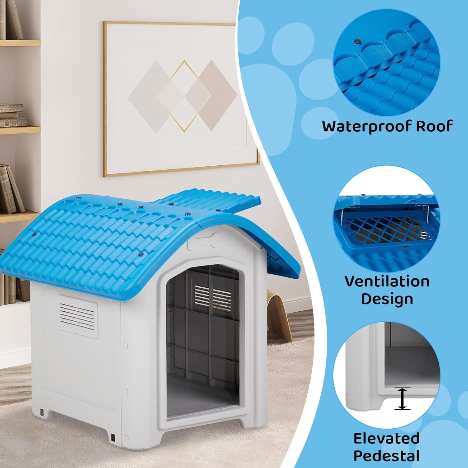 Outdoor Dog House, Plastic Dog Shelter for Small to Medium Size Dogs Waterproof, Durable Indoor Puppy House with Air Vents, Elevated Floor, Easy to Assemble 28"x23"x24"