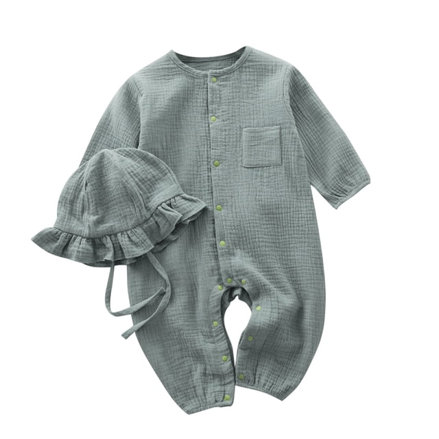 MeetoTime Baby Clothes Cotton Linen Jumpsuits Long Sleeved Solid Color Newborn Infant Rompers Pajamas with Hat