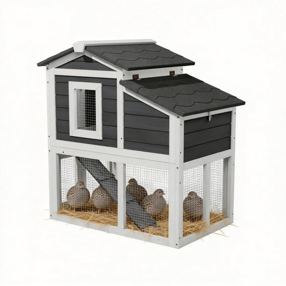 Large Outdoor Wooden Quail Cage Rabbit Hutch Chicken Coop with Run & Ramp，2 Tier
