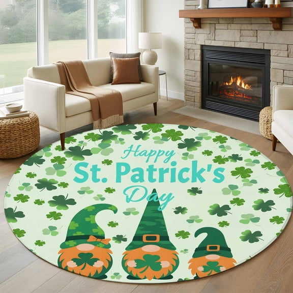Round Rugs 5Ft, Happy St. Patrick's Day Round Area Rug Washable Indoor Throw Carpet, Green Gnomes Lucky Leaves Clovers Soft Non Slip Circle Rug for Cabinet Bathroom Home Decor Aesthetic