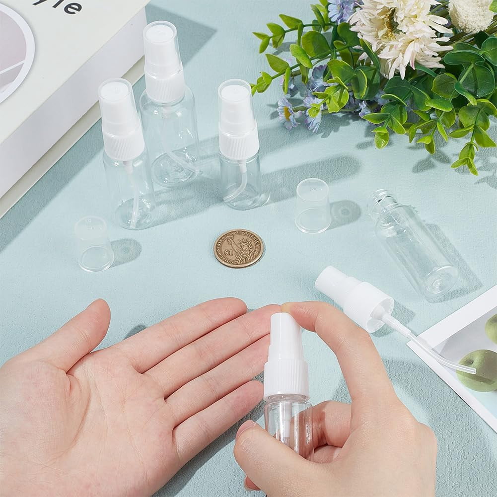 120pcs White Plastic Travel Spray Bottles with 6pcs Plastic Funnels 0.3oz/10ml 0.7oz/20ml 1oz/30ml Mini Clear Spray Bottles Refillable Liquid Travel Containers for Lotion Carry for DIY