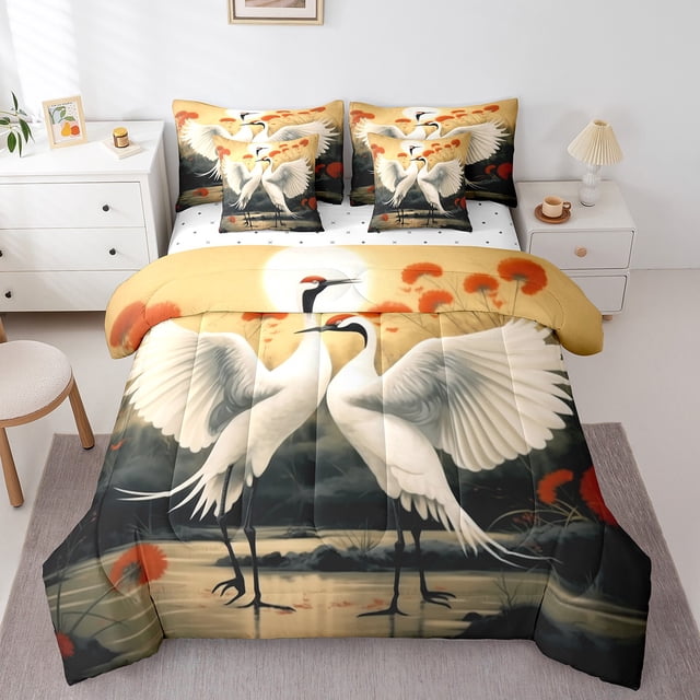 YST Couple Crane Bedding Comforter Set - 7-Piece Asian Style Wild Animal Bedding Set, King