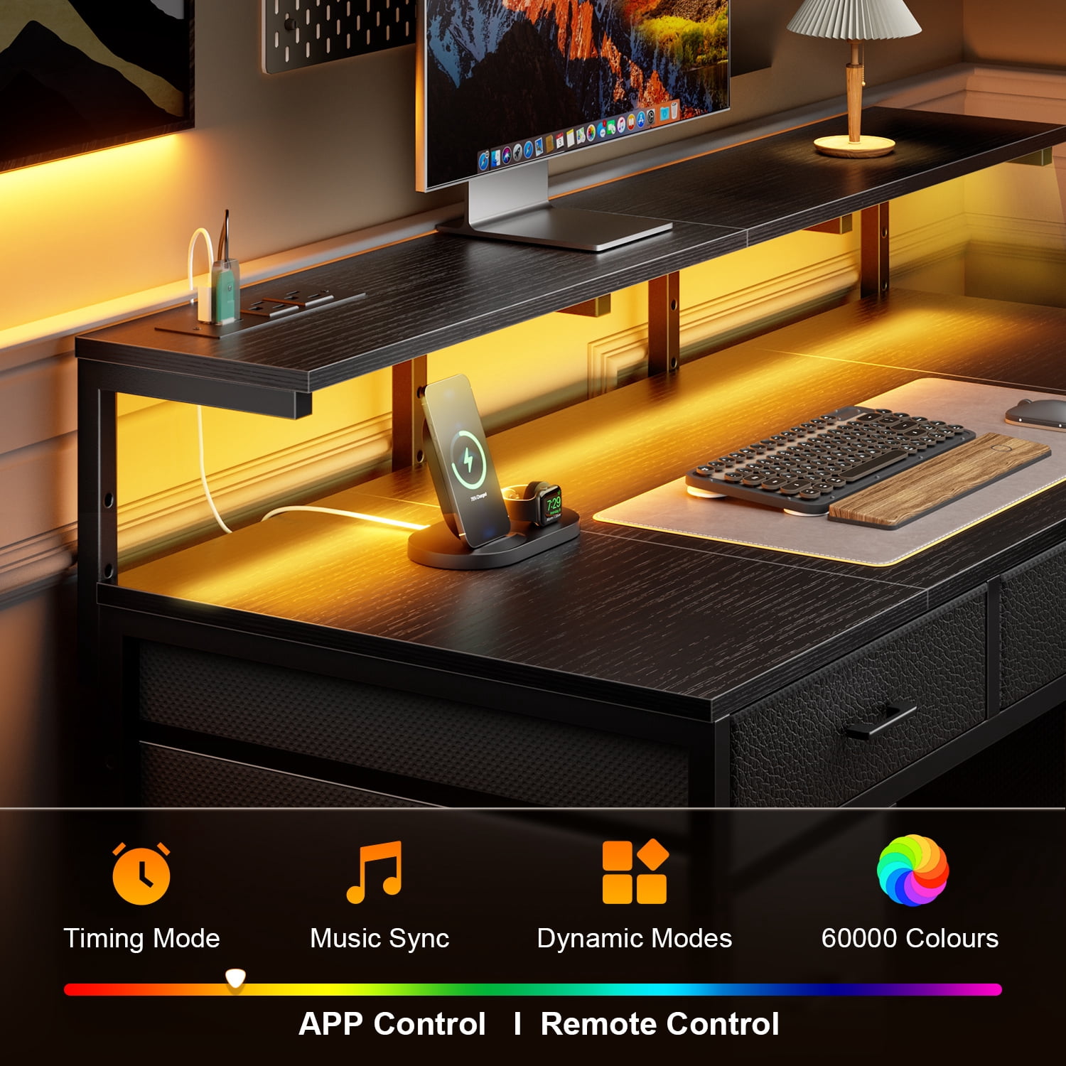 HLDIRECT 47 inch Computer Desk with 8 Drawers, Gaming Desk with LED Lights & USB Power Outlets, Home Office Table with Monitor Stand, Black