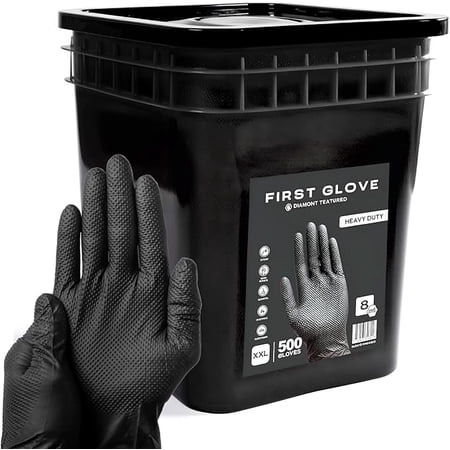 First Glove 8 Mil Black Nitrile Gloves Bucket - X- Large 500 Count - Raised Diamond Textured Heavy Duty Industrial Gloves for Automotive & Mechanic Work - Latex Free, Powder Free, Bulk