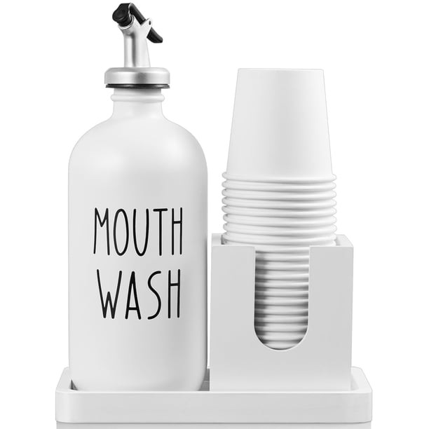 Dispensador de enjuague bucal Bivclaz Glass 500 ml con portavasos blanco