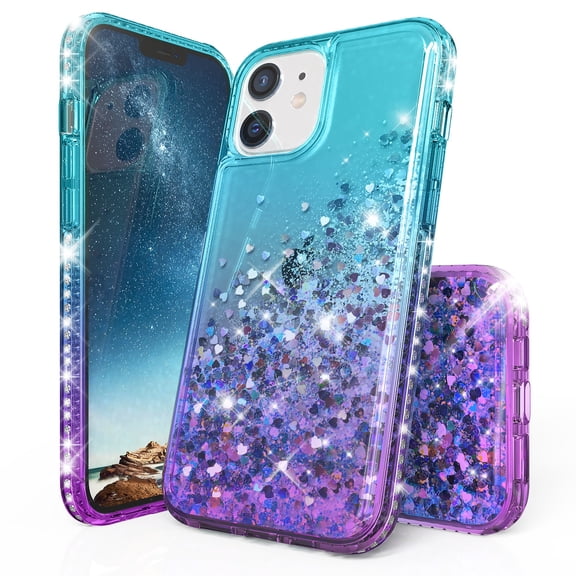 Beyond Cell compatible with Apple iPhone 12 Mini 5.4" Diamond Glitter Liquid Case, Transparent Bling Teal / Purple