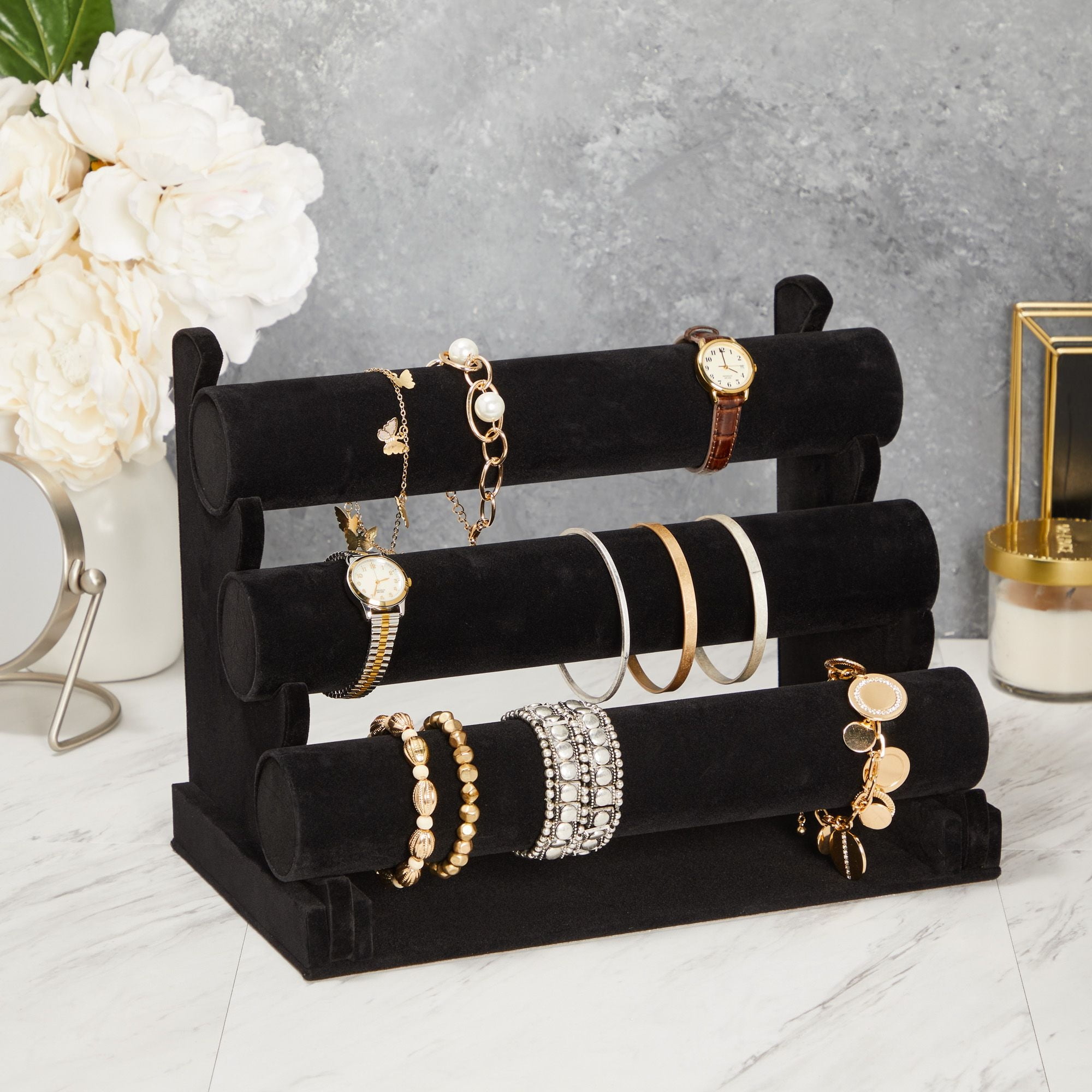 3 Tier Bracelet Holder,Bracelet Display Stand,Beige Velvet Jewelry  Organizer for Necklace Scrunchies Watches,Long Bar