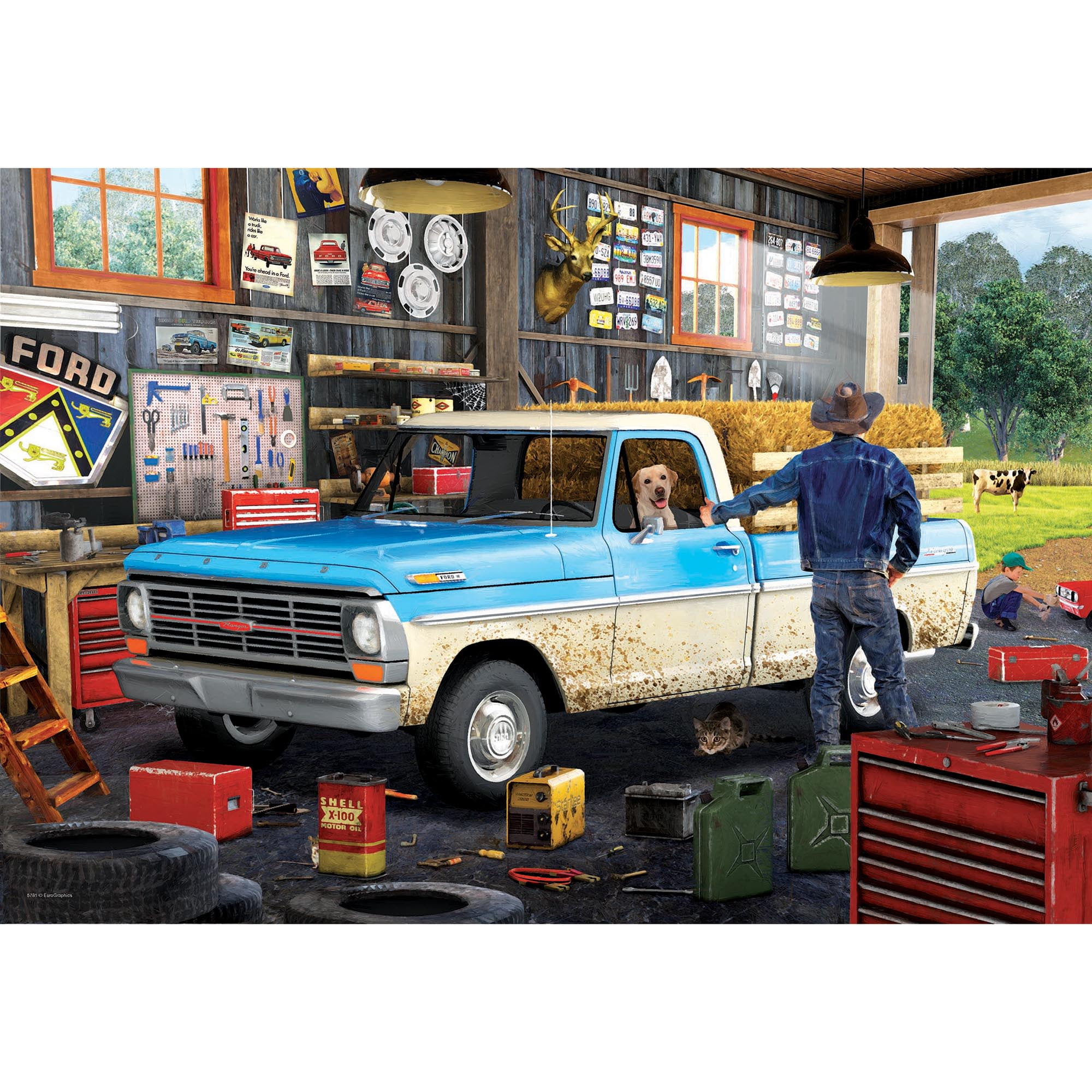 Eurographics: Puzzle Tin: Hard Days Work Ford Pick-Up - 550 Piece Jigsaw - Collectible Decorative 1967 Blue Truck Shaped Tin, 13 x 19", Nostalgic Gift
