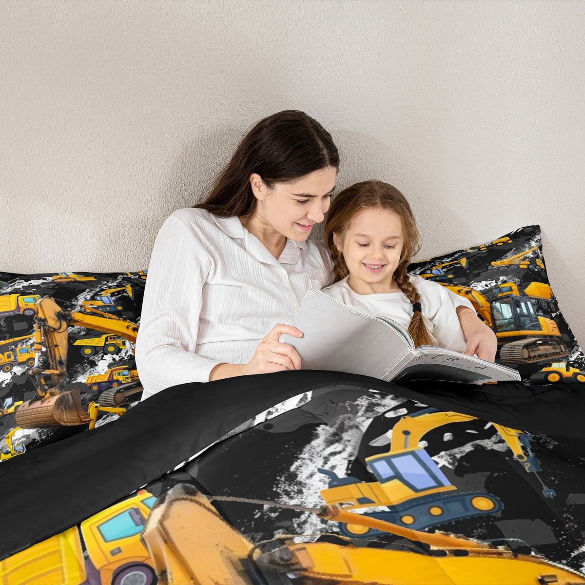 Manfei Excavator Pattern 7 Pieces Bedding Comforter Set,Construction Vehicles Full Bedding Set,Yellow Black Fitted Sheet Flat Sheet For Boys Kids,Luxury Bedroom Decor Reversible