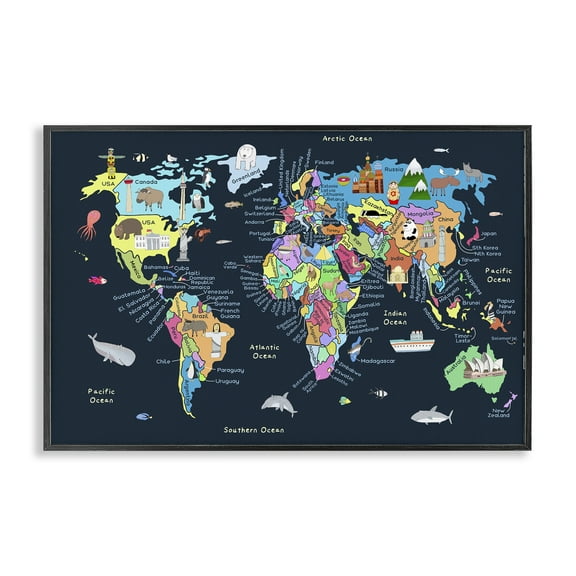Stupell Industries Detailed Countries Map Education Painting Black Framed Art Print Wall Art, 18 x 12