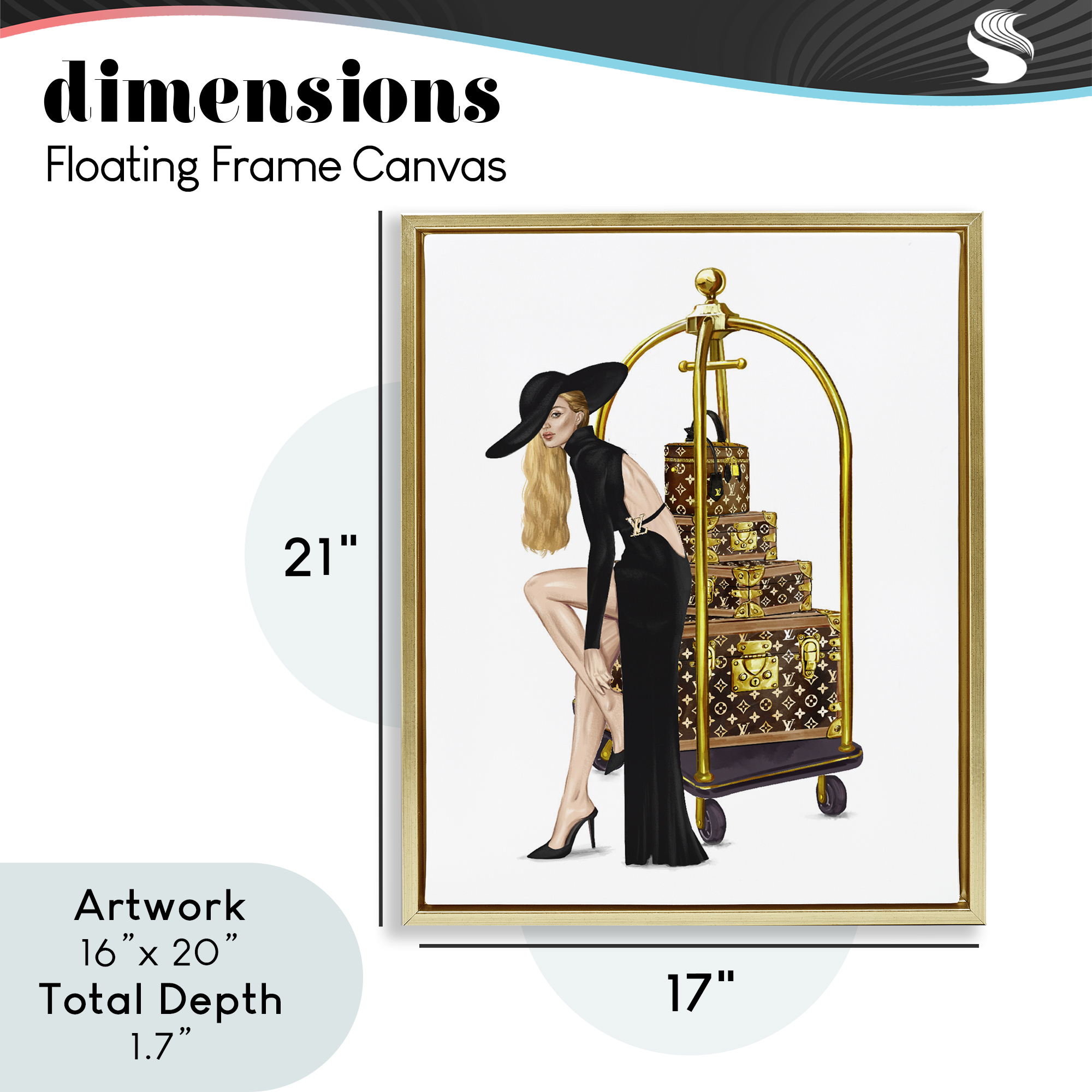 Fashionista with Hotel Luggage Gold Framed Floater Canvas Wall Art, design by Ziwei Li