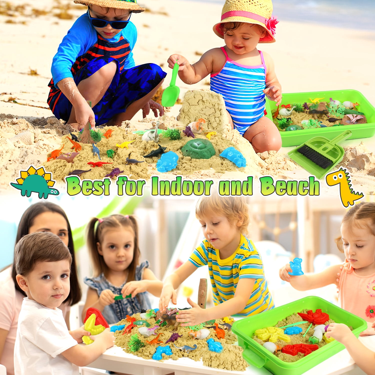 UQN Dinosaur Sensory Bin Toys for Boys, 37 PCS Sensory Bins for Toddlers 3-4 with 14 Dinosaur Toys & 2.2lb Magic Sand, Sensory Toy Birthday Gift for Boys Toddler Ages 3-8