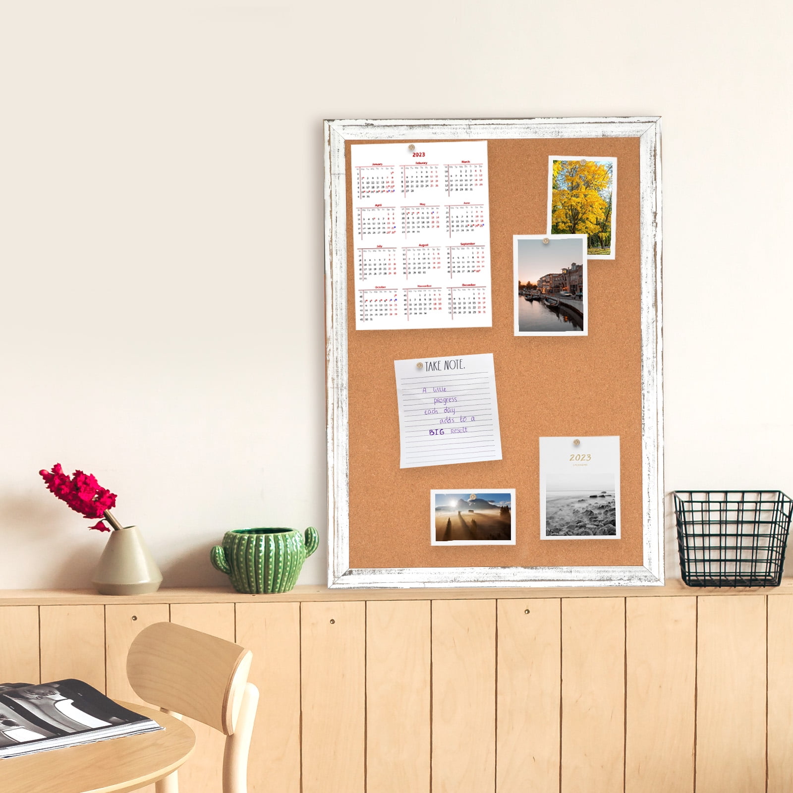 Cork Board Bulletin Board 24 x 18 Inches Cork Notice Pin Board Memo Board with Vintage Style White Wooden Frame for Display Home Decor Office Kitchen with 10 Pushpins, White Framed