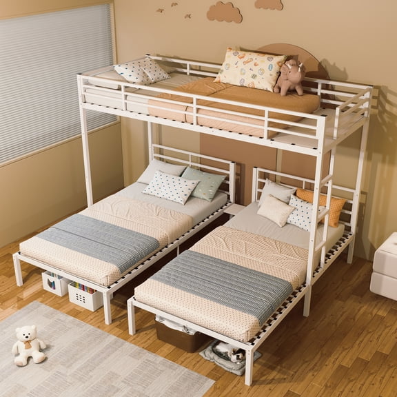 MAYEERTY Triple Bunk Bed for 3, Metal Twin Bed Frame with Guardrails and Noise-Reduced Slats, Space-Saving for Bedroom Dorm