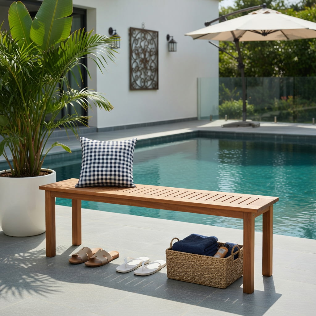 Hommoo 59" Outdoor Wooden Patio Bench, Backless Teak Oil Finished Solid Wood Bench for Porch, Deck, Balcony & Indoor Use, Natural