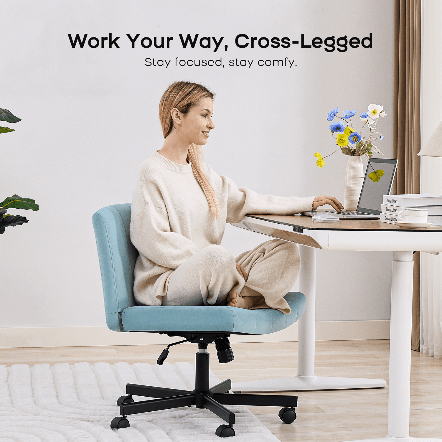 TMV Criss Cross Chair–Armless Office Chair, Fabric Padded Vanity Chair Computer Chair with Wheels, Wide Seat Swivel Desk Chair for Home Office，Pale Blue