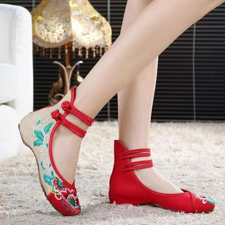 

Women Embroidered Shoes High To Help Increase Ankle Double Strap Canvas Shoes