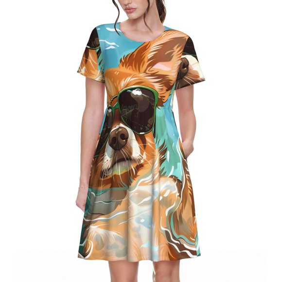 Fotbe Funny Swimming Chihuahua Pattern Dress Casual Womens Fashion Short Sleeve Maxi Dress T Shirt Dress Striped Long Color Block Maxi Dress
