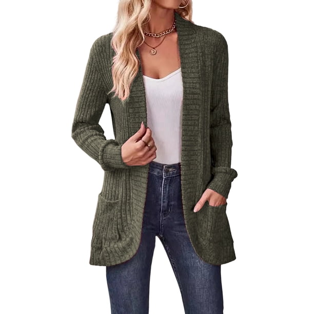 Cárdigan para Mujer, Suéter de Larga con Abertura Frontal y Bolsillos para Otoño e Invierno. Verde Oliva L