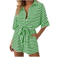 thumbnail image 2 of ClodeEU Women's Striped Notch Collar Button 3/4 Sleeve Romper with Belt,Casual Jumpsuit Shorts Green,Womens Plus M, 2 of 6