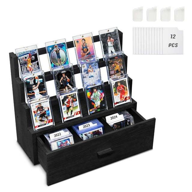 Trading Card Display, 3-Tier Trading Card Storage with Custom Drawer, Wood Graded Card Display with Card Supporters and Dividers, Sports Card Display Case for Card Game Collection (Black)