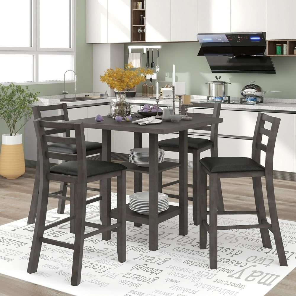 Skyland 5 Piece Wooden Counter Height Dining Set, Square Dining Table with 2-Tier Storage 