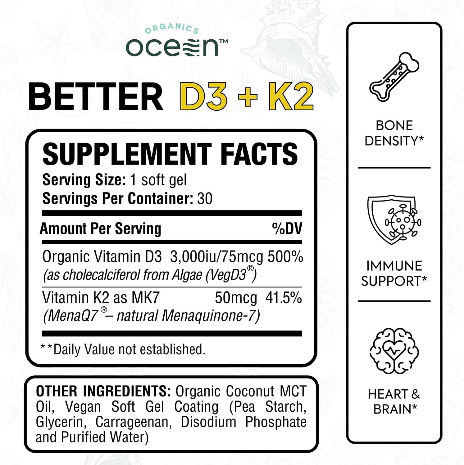 Organics Ocean Better D3 + K2 Supplement – Vitamin D3 3000 IU & K2 MK-7 – 30 Softgels – Bone, Immune & Calcium Support