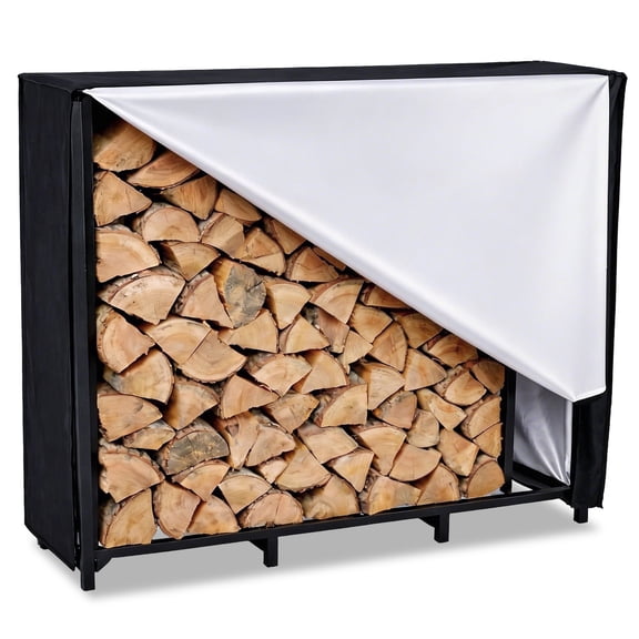 TC-HOMENY 4FT Outdoor Firewood Rack Logs Lumber Rack, Heavy Duty Outdoor Wood Holder Square Strong Stand Rack with Waterproof Cover for Fireplace Fire Pits Wood Pile Storage, Black