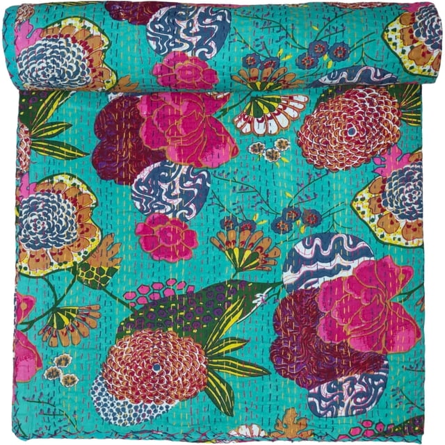 Indian Handmade Floral Print Kantha Quilt, Bedspread, Blanket Size ( King 108" x 108" )