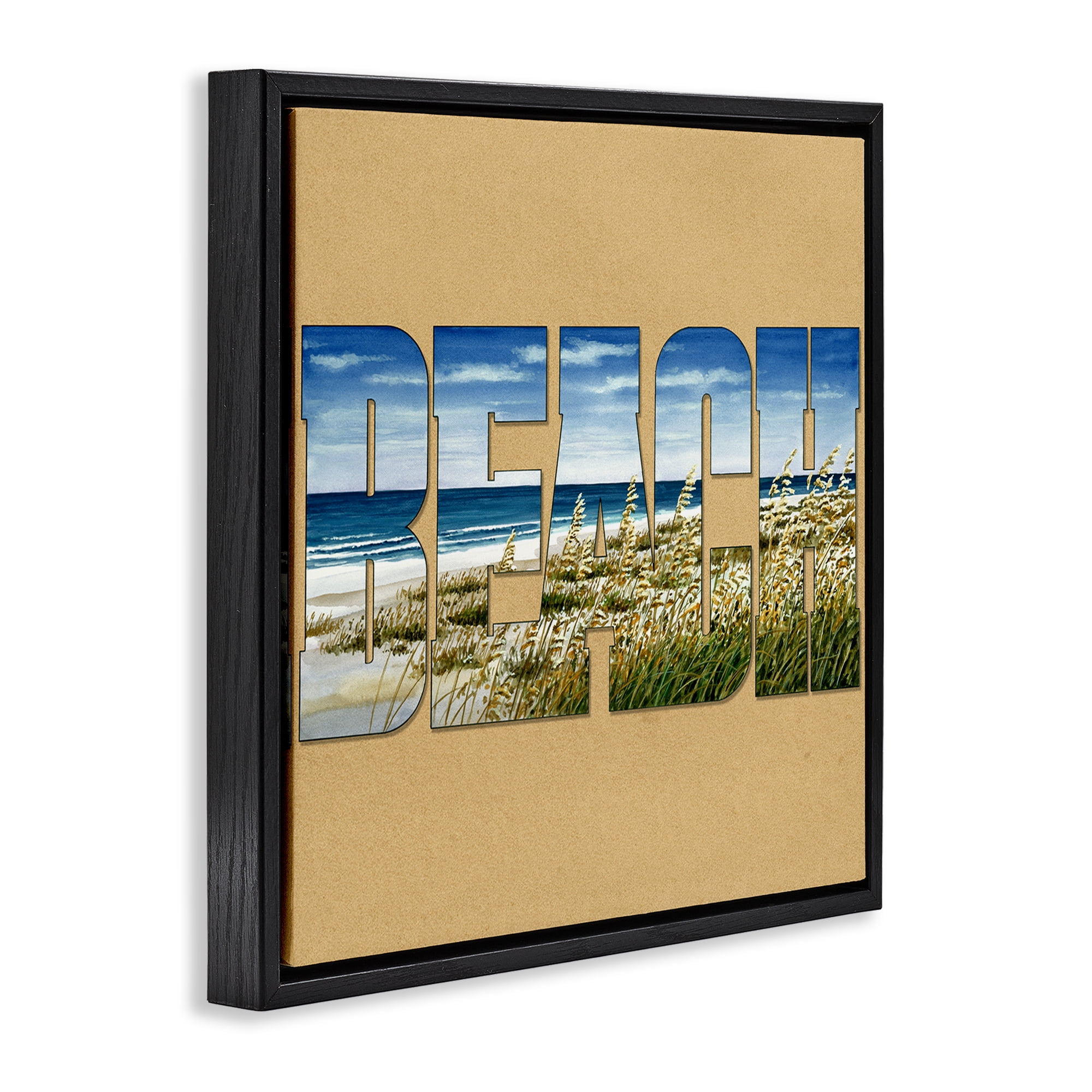 Stupell Industries Grassy Beach View Letters Nautical & Beach Painting Black Floater Framed Canvas Art Print Wall Art, 18 x 18