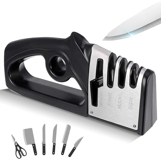 Afilador de cuchillos de cocina, herramienta de afilado de cuchillos 4 en 1, mango ergonómico y base antideslizante, afilador de cuchillos manual de 4 etapas con afilador de tijera