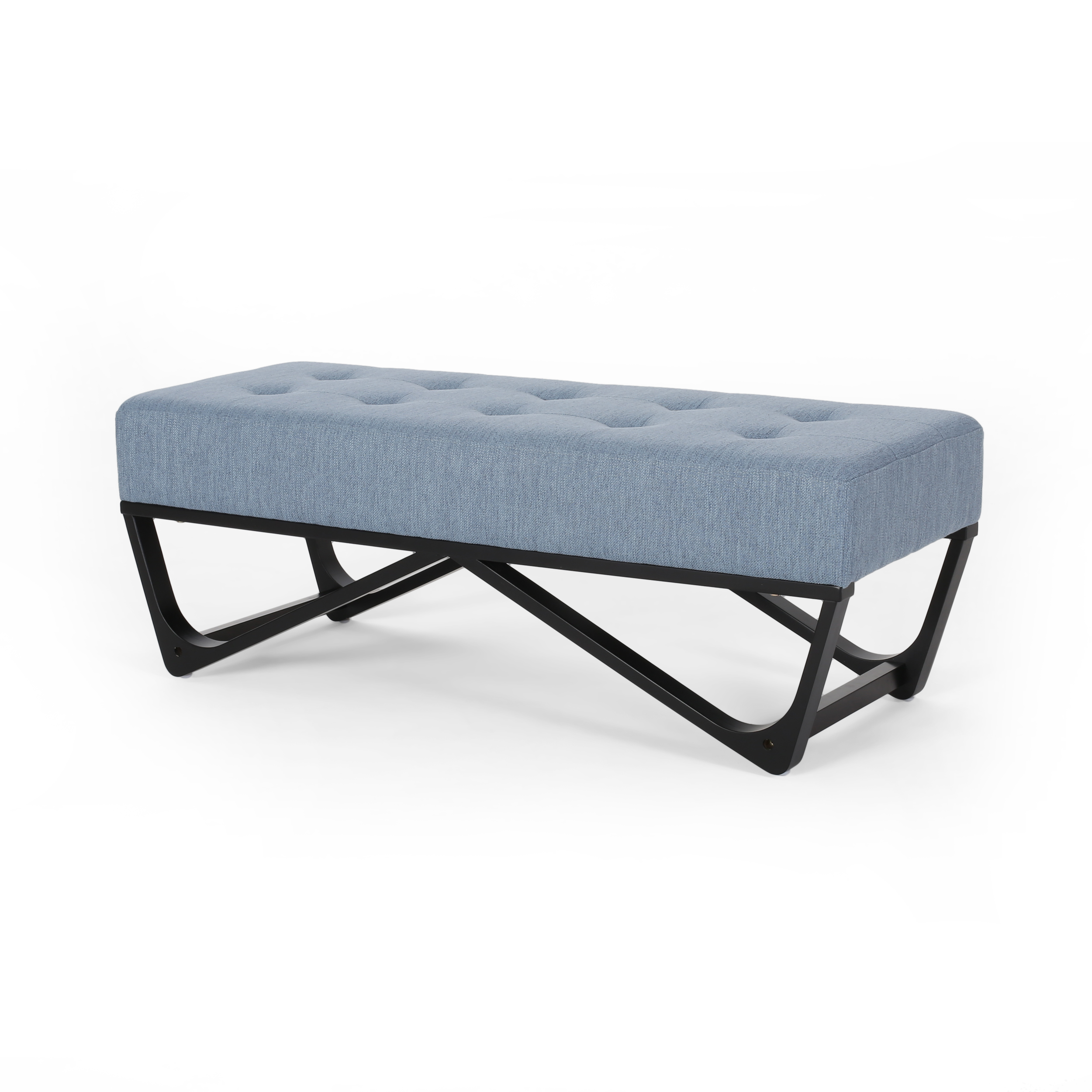 Noble House Dimitri Contemporary Fabric Ottoman Bench, Light Blue and Black