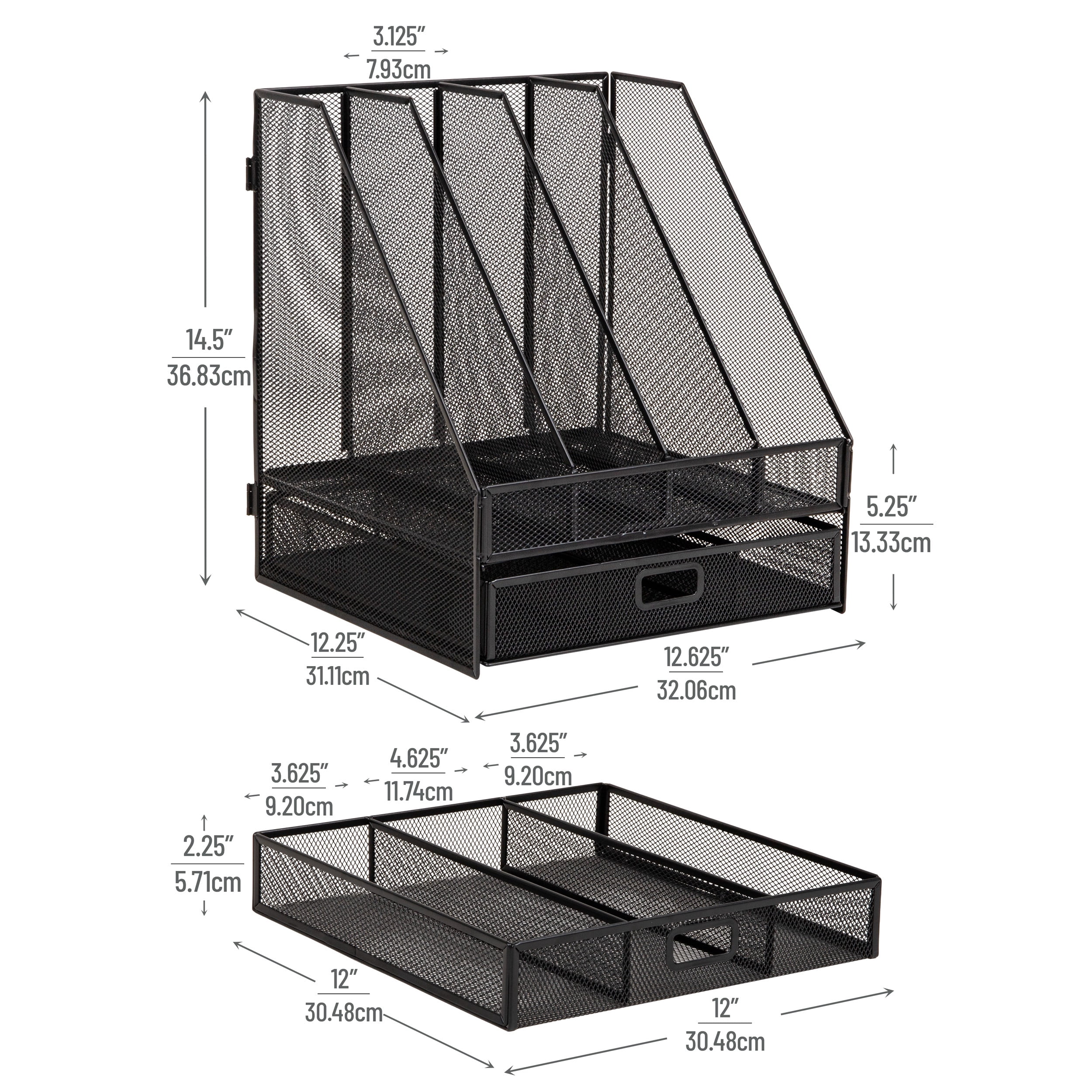 Mind Reader Mesh File Organizer with Drawer, 4 Slot Vertical File Holder with Removable Dividers, Desktop Organizer, Black