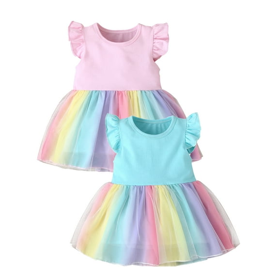 WIBACKER Toddler Baby Girl Short Sleeve Tutu Dress Kids Summer Pricess Dresses Party Tulle Rainbow Sundress