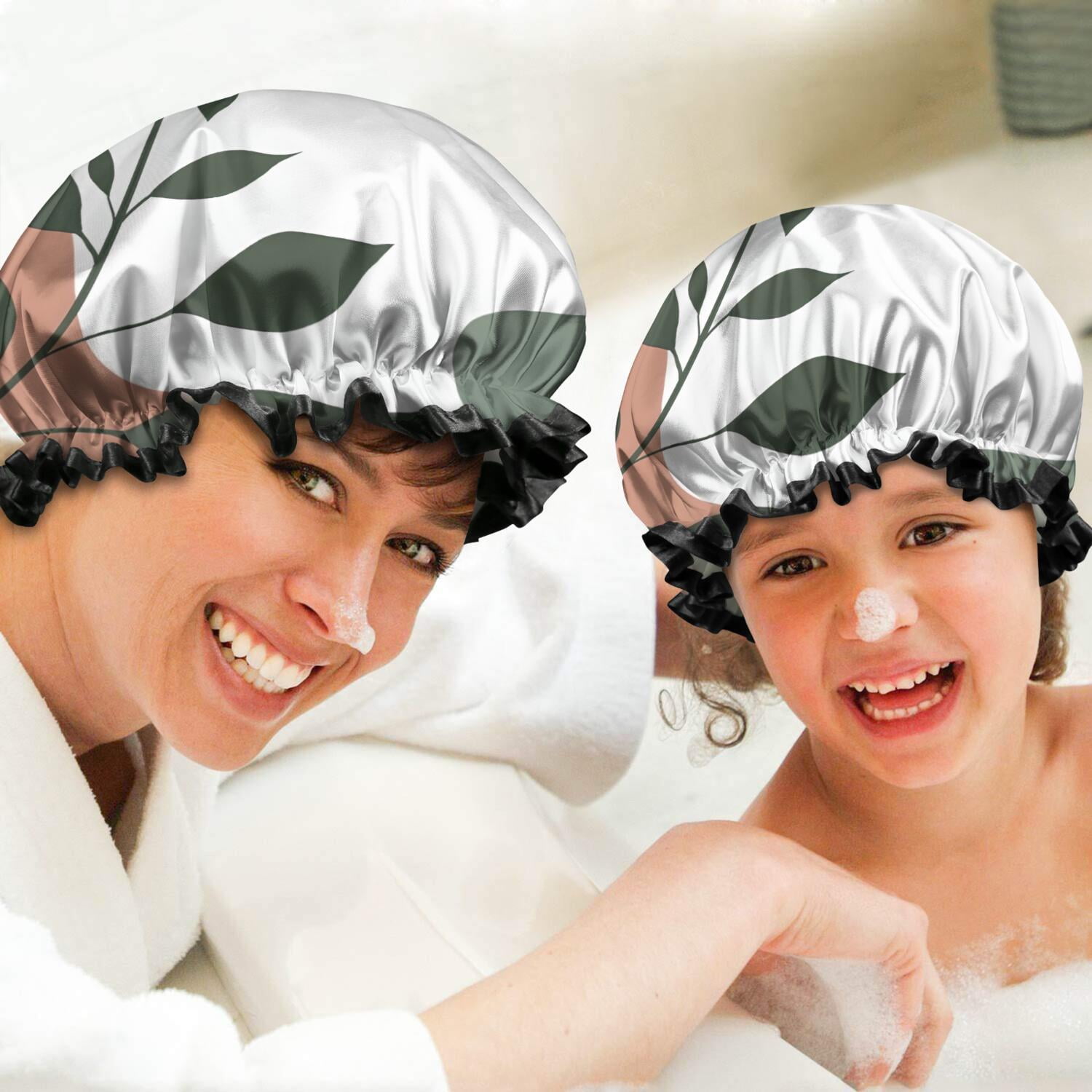 Shower Caps,Brown Boho Plant Pattern Waterproof Shower Cap for Women 4 Pieces,Double Reusable Hair Cover for Shower PEVA Elastic Stretch Hem