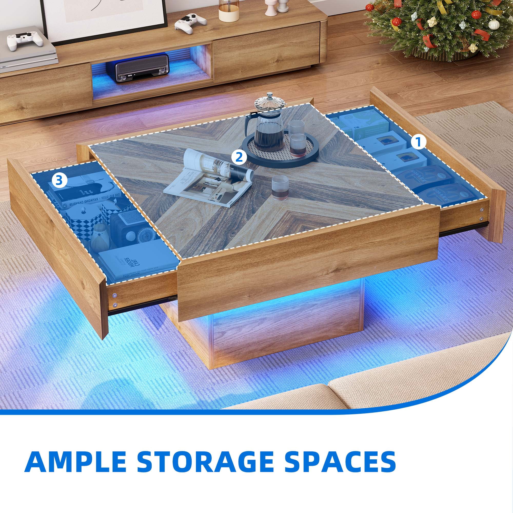 Dextrus Farmhouse LED Coffee Tables Square Center Table with Storage for Living Room, Brown