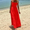 thumbnail image 4 of Wycnly Dresses for Women 2025 Summer Beach Boho Elastic Waist Flowy Ruffle Swing Strapless Long Sundress Solid Sleeveless Tube Top Maxi Formal Dresses for Women Red s, 4 of 7