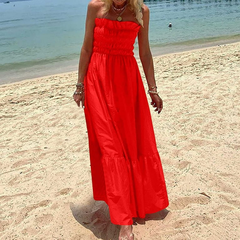 Wycnly Dresses for Women 2025 Summer Beach Boho Elastic Waist Flowy Ruffle Swing Strapless Long Sundress Solid Sleeveless Tube Top Maxi Formal Dresses