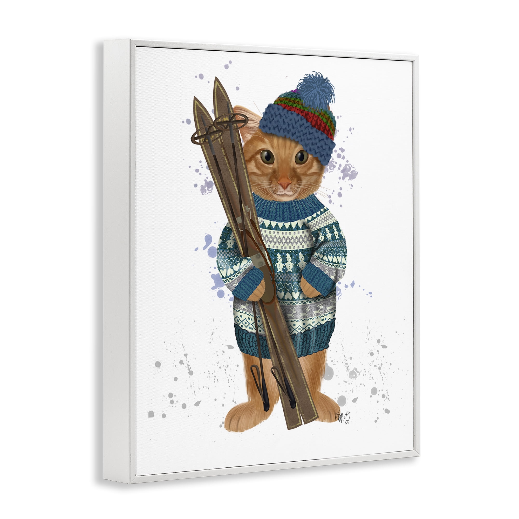 Stupell Industries Cat with Winter Skis Animals & Insects Painting White Framed Art Prints Wall Art, 11 x 14