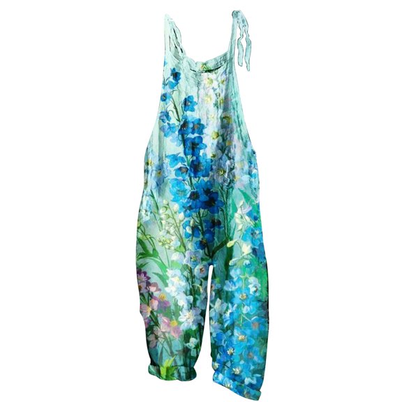 Usmixi Jumpsuits for Women Beach Bohe Fashion Loose Comfy Cotton Linen Strap Baggy Wide Leg Pocket Jumpsuits Overalls Summer Formal Tie-Dye Print Crewneck Sleeveless Long Rompers Mint Green l
